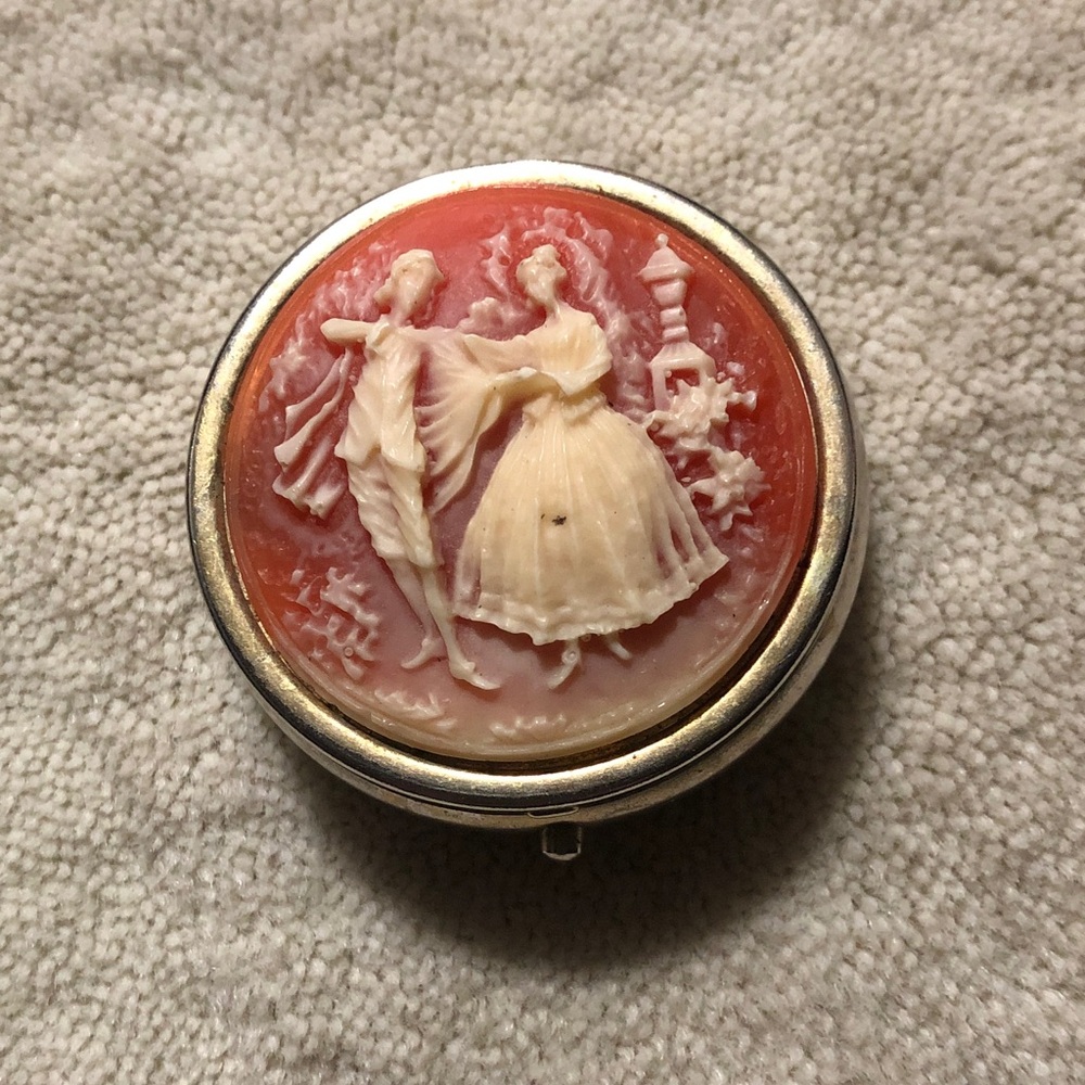 2” Silver-Tone Pill Box With Cameo Dance Couple